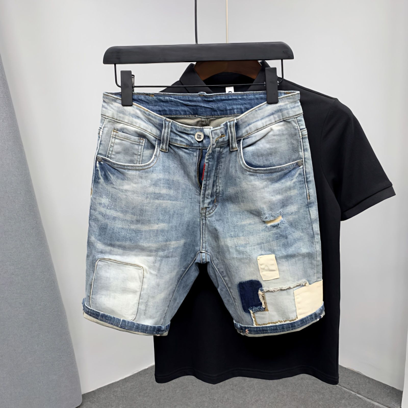 Distressed Jean Rip - Pantalones cortos vaqueros rectos para hombre,