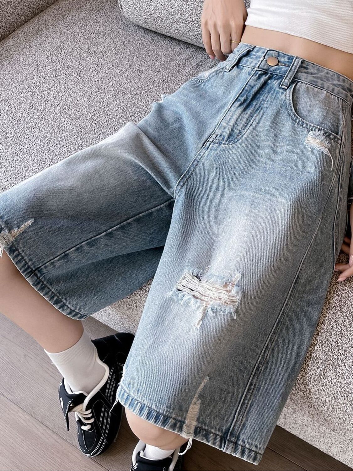 Distressed Jean Rip - Shorts Bermuda de Mezclilla Desgastada de